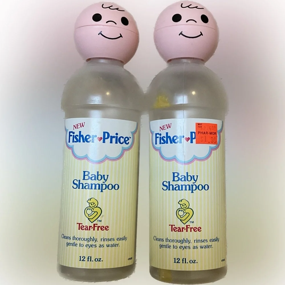 Lot 2 c1989 FISHER PRICE SHAMPOO: Character Head 12 Fl oz bottle Used Empty VTG